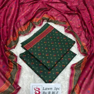 3 Piece Printed Green Color Unstitched Suit