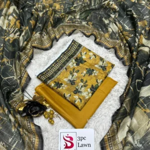 3 Piece Printed Yellow Color Unstitched Suit